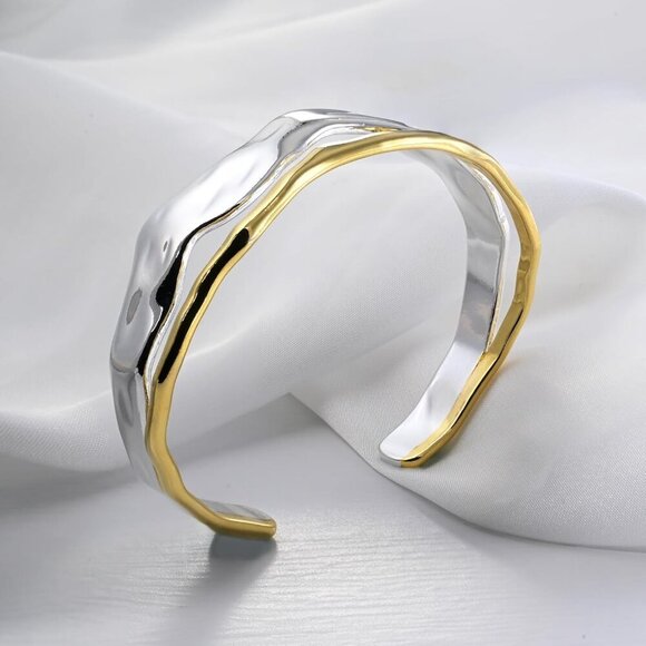 Chunky Two Tone Gold Silver Cuff Bracelets for Women - Adjustable, Handmade Wave - Picture 6 of 7
